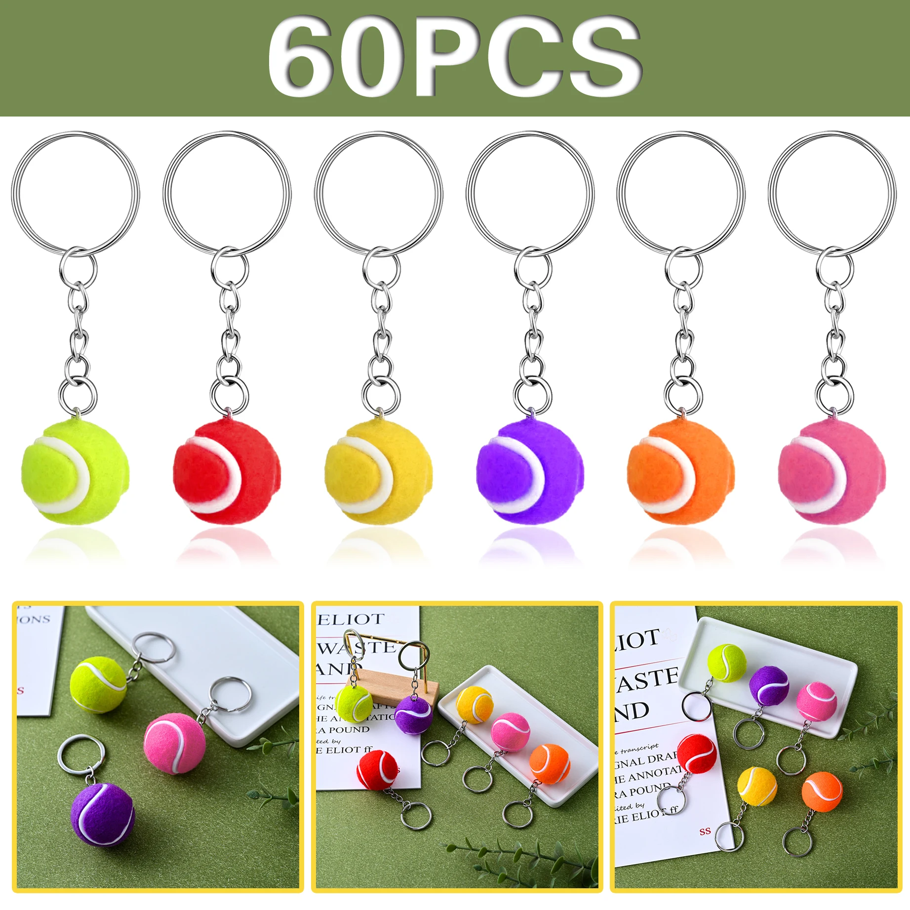 

60Pcs Tennis Keychain Football Keychain Pendant For Men Car Decor 3d Keychain Purse Charm Ball Keychains