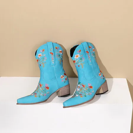 Retro Printed Booties Leather Women Ankle Boots Embroidery High Heels Casual Woman Shoe Zipper Vintage Female Footwear Boot 37