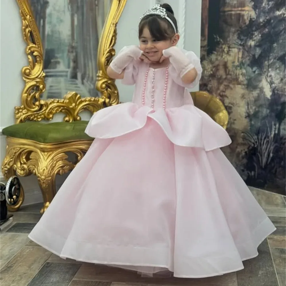 

Pink Flower Girl Dresses for Wedding Beaded Floor Length Princess First Communion Gowns Kids Birthday Party Dresses Customized
