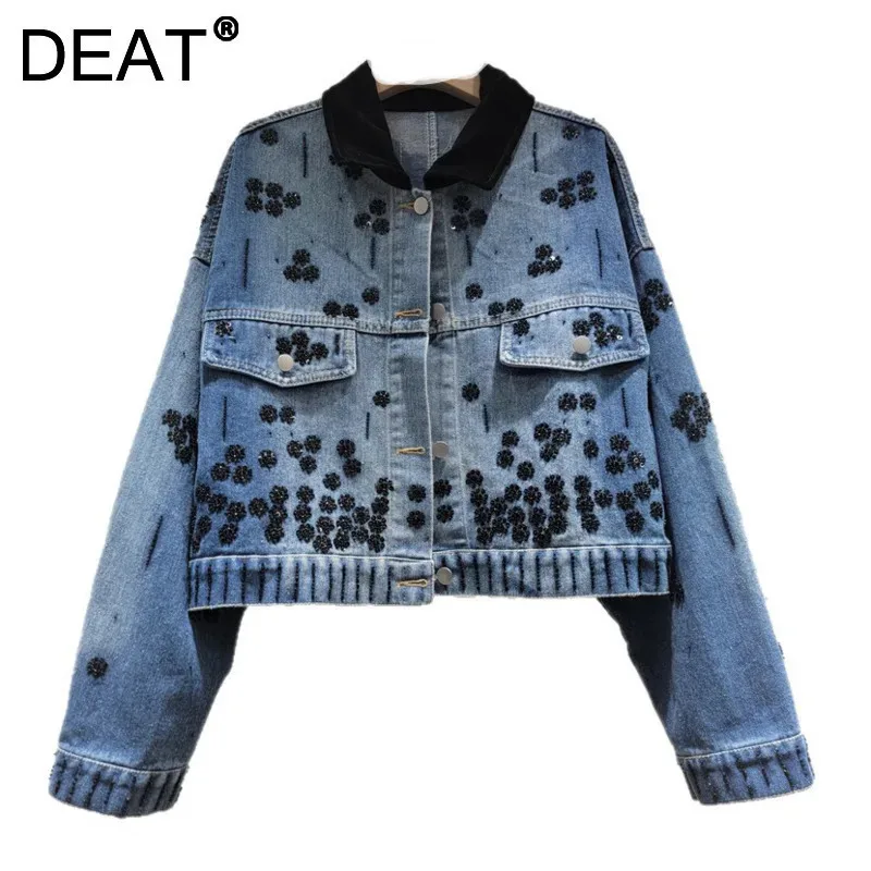 DEAT Women's Denim Coat Sequins Beading Embroidery Female Single
