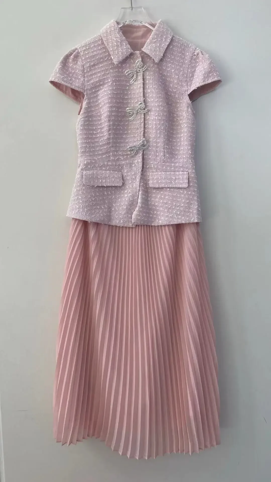 

Pink Tweed Short Sleeve Lapel Bow Midi Dress