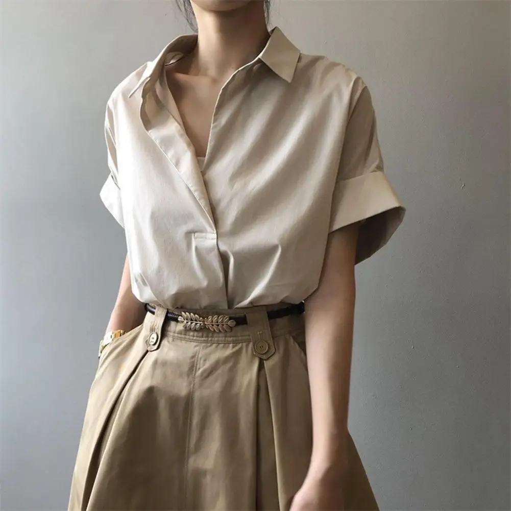 

Women Summer Shirt Short Sleeve Lapel Blouse Solid Color Pullover Tops Loose Fit Thin Office Lady Shirt Workwear Women Top