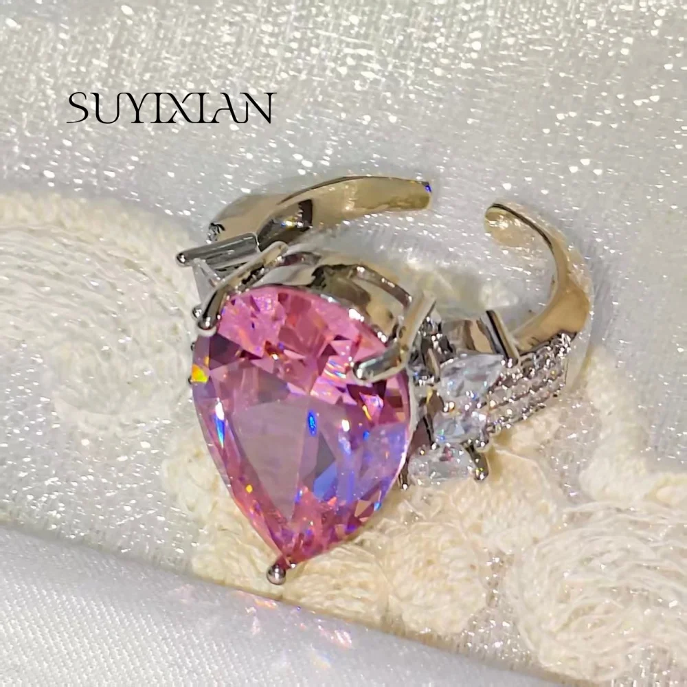 

925 Sterling Silver Stylish Simple Personality Big Water Drop Pink Zircon Ring Birthday Party Anniversary Gift Ladies Jewelry