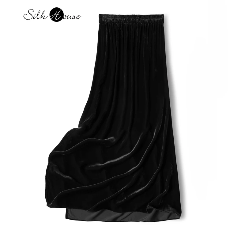 

Women's Fashion Versatile Black 30% Natural Mulberry Silk Velvet Retro Commuting Style Elastic Waist Straight Step Skirt