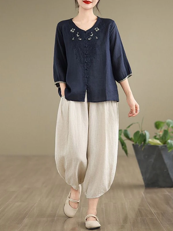 

New 2025 Women's Cotton Linen Casual Set Mom Sle Summer Faionable Nine-Piece Pants Two-Piece Suit round Ne Sve-Lengt...