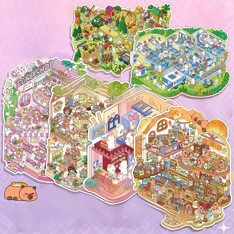 1Set Plus Size Cartoon Scenes Book Landscape Sticker DIY Toy Game Books 3D Sticker Cabin Scene Pocket Festival Birthday Gift