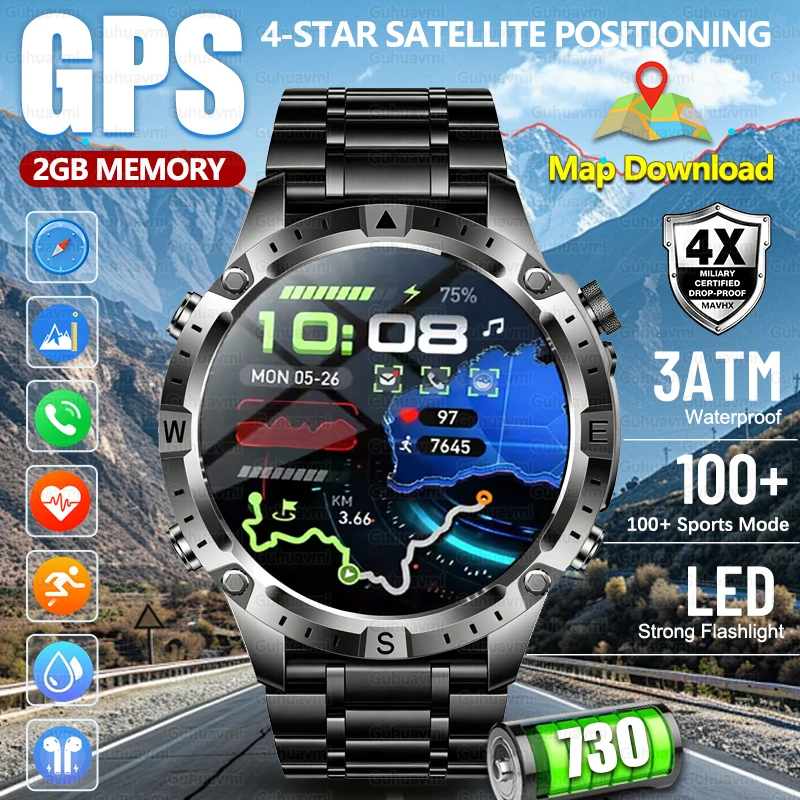 Men's Tactical Smart Watch Military Grade AMOLED Display Offline Maps 3ATM Waterproof 730mAh Battery GPS Outdoor Sports Watches