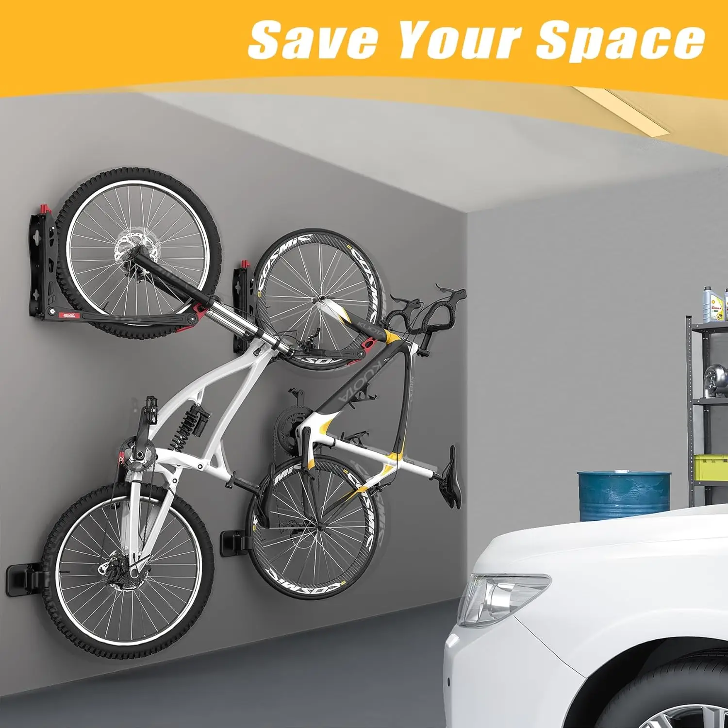 

Space Saving Wall Mounted Swivel Bike Racks, Vertical Bike Wall Hangers for Garage Storage Solution (2 Pack)