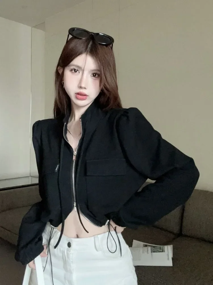 

Harajuku Fashion Casual Pocket Cropped Tops New Y2k Aesthetic All Match Women Jackets Double Zippers Drawstring Solid Women Tops