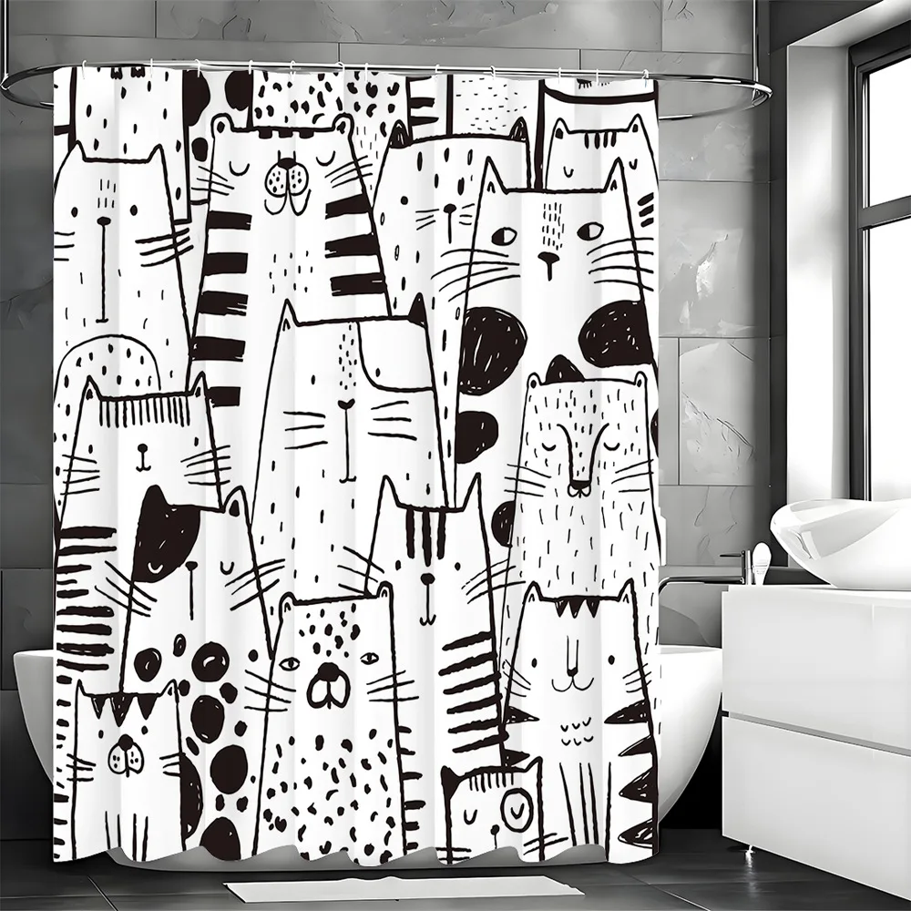 

Cartoon-style line cat Shower Curtain Washable Dirt-Resistant Shower Head waterproof Polyester Bath Curtain For Home Decor