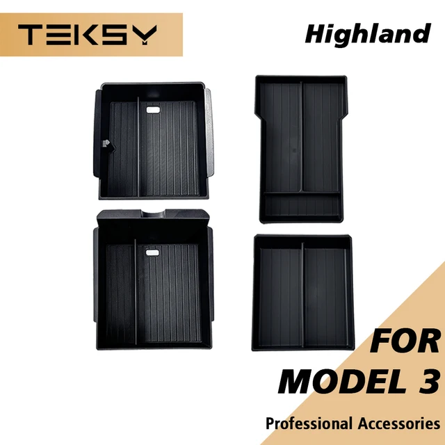 TEKSY Do Tesli Nowy Model 3 HIGHLAND 2025 2026 Schowek w Konsoli Centralnej Podłokietnik Pudełko do Przechowywania Górna i Dolna Warstwa Flokowana Akcesoria Nowe