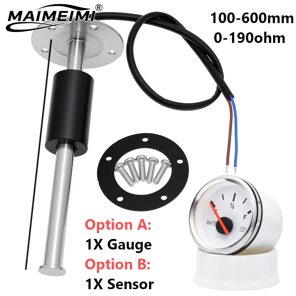 52mm Water Level Meter 0-190ohm Water Level Sensor 100mm-600mm 200mm Water Gauge with Red Backlight for Car Boat Truck 12V 24V