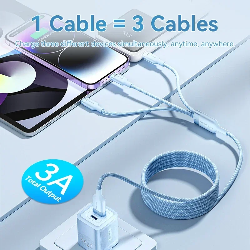 Vention 3 в 1 USB-кабель типа C для iPhone 15 14 13 12 Pro, зарядное устройство, шнур для передачи данных для iPad Pro, Samsung, Xiaomi, Huawei, кабель Micro USB