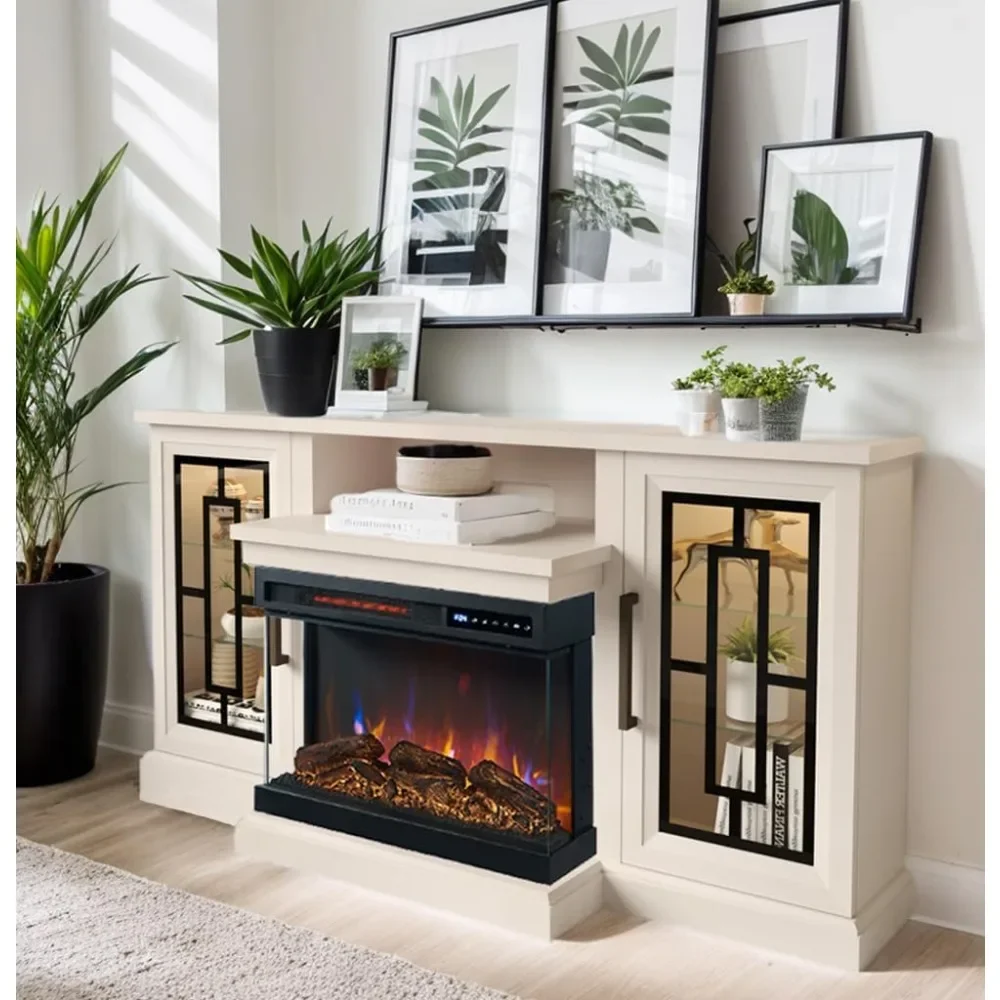 TV Stand 59 in With 3-Side Glass Fireplace & Djustable Flame & LED Color, 24’’ Fireplace Modern TV Media Center Console Table