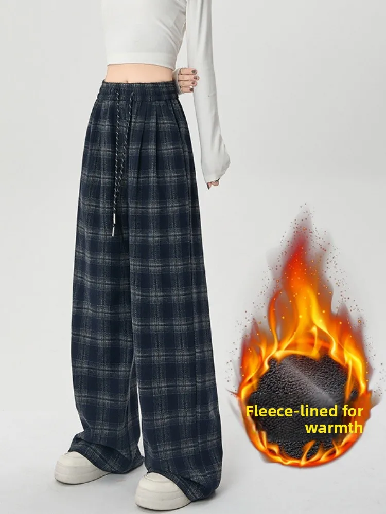 Spodnie damskie khaki w retro kratę z szerokimi nogawkami, jesienno-zimowe, ocieplane, z podszewką, codzienne, z wysokim stanem, o prostym kroju, do pracy...