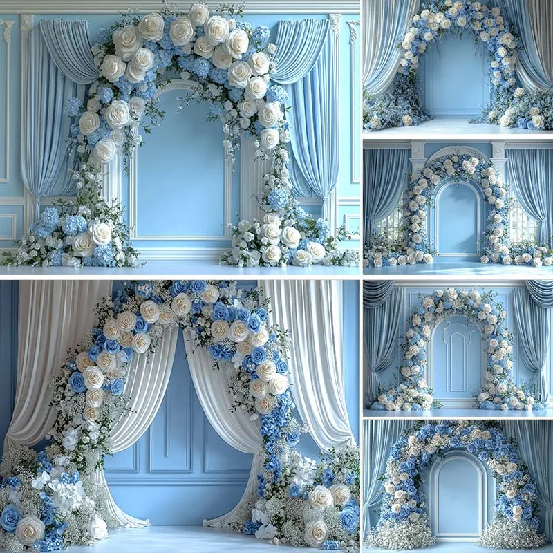 

LS Photography Background Arch Floral Blue Curtains Wall Decor Maternity Wedding Kids Adult Art Portrait Photo Backdrop Studio