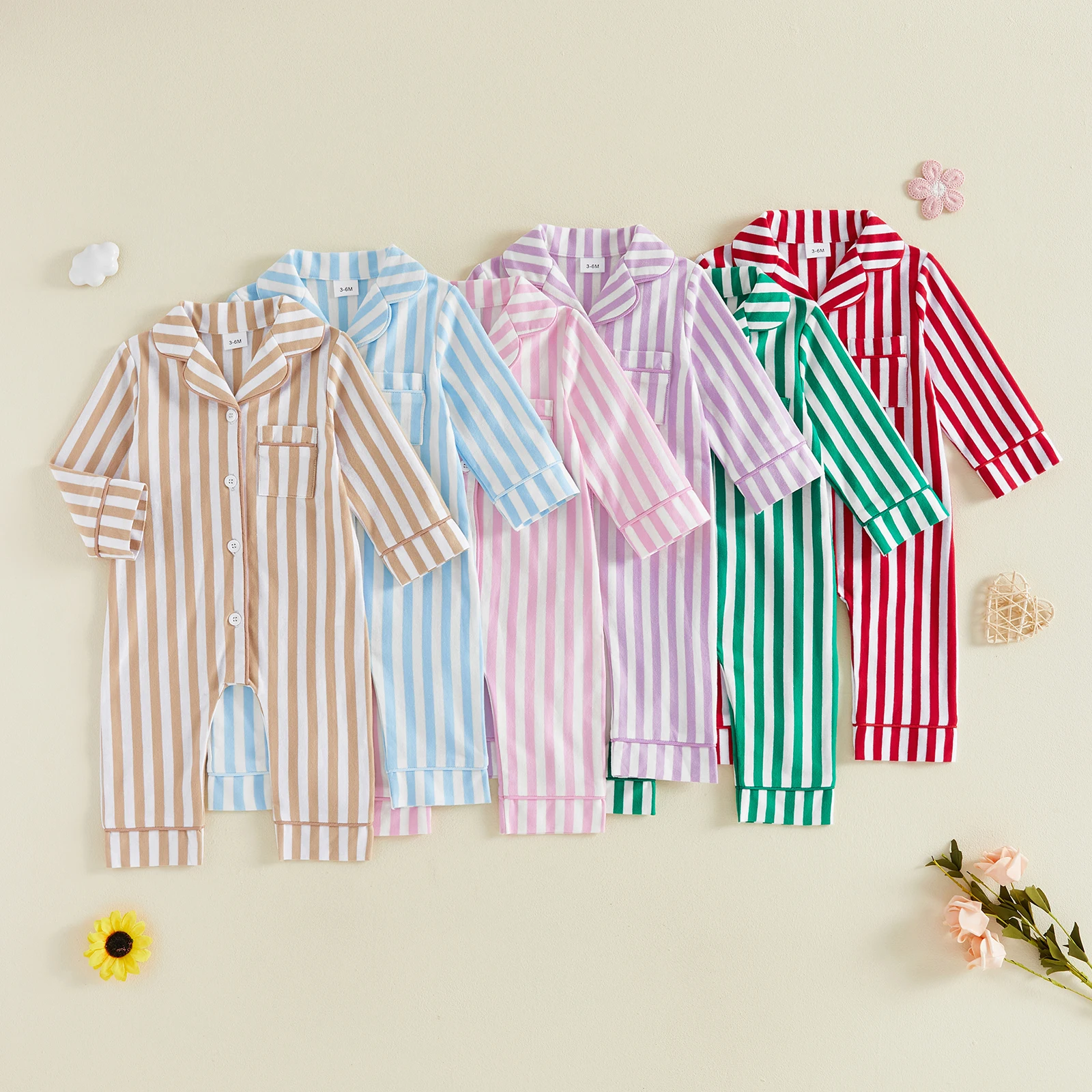 Newborn Baby Boy Girl Striped Lapel Romper Long Sleeve Button Pocket Jumpsuit Infant 1Piece Pajamas Baby Clothing