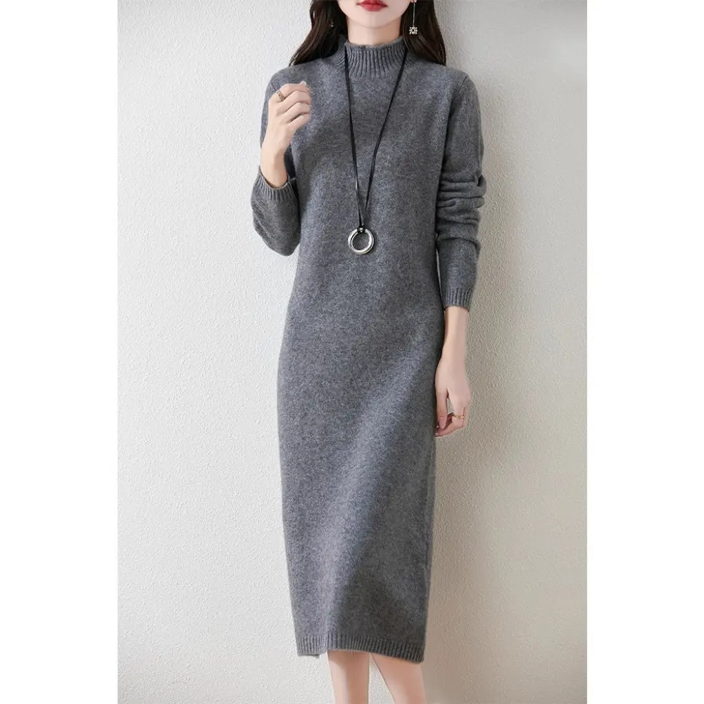 

Женское утолщенное завитое платье из 100% шерсти, полуводолазка, удлиненная облегающая трикотажная прямая одежда выше колена на осень-зиму