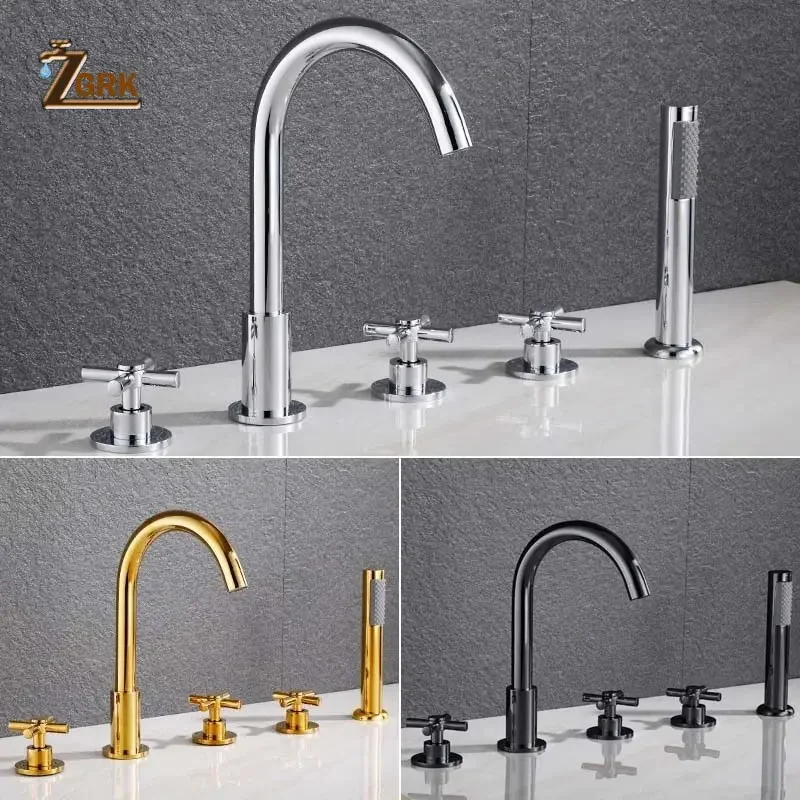 

Bathtub Mixer Faucets Triple Handle Bath Tub Deck Mounted 5 Hole Water Crane Cold and Hot with Hand Shower Black Chrome Gold