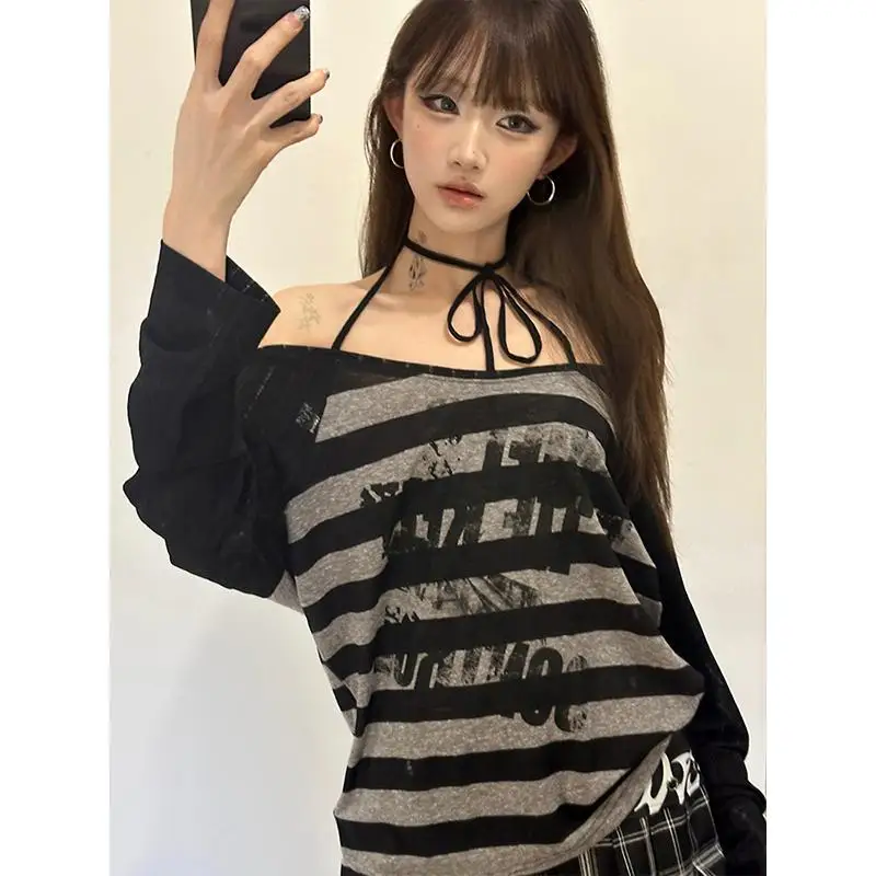 女性用長袖Tシャツ,ヴィンテージ,パンクスタイル,裸の肩,ストライプの文字,アメリカのy2k,原宿,ストリートウェア