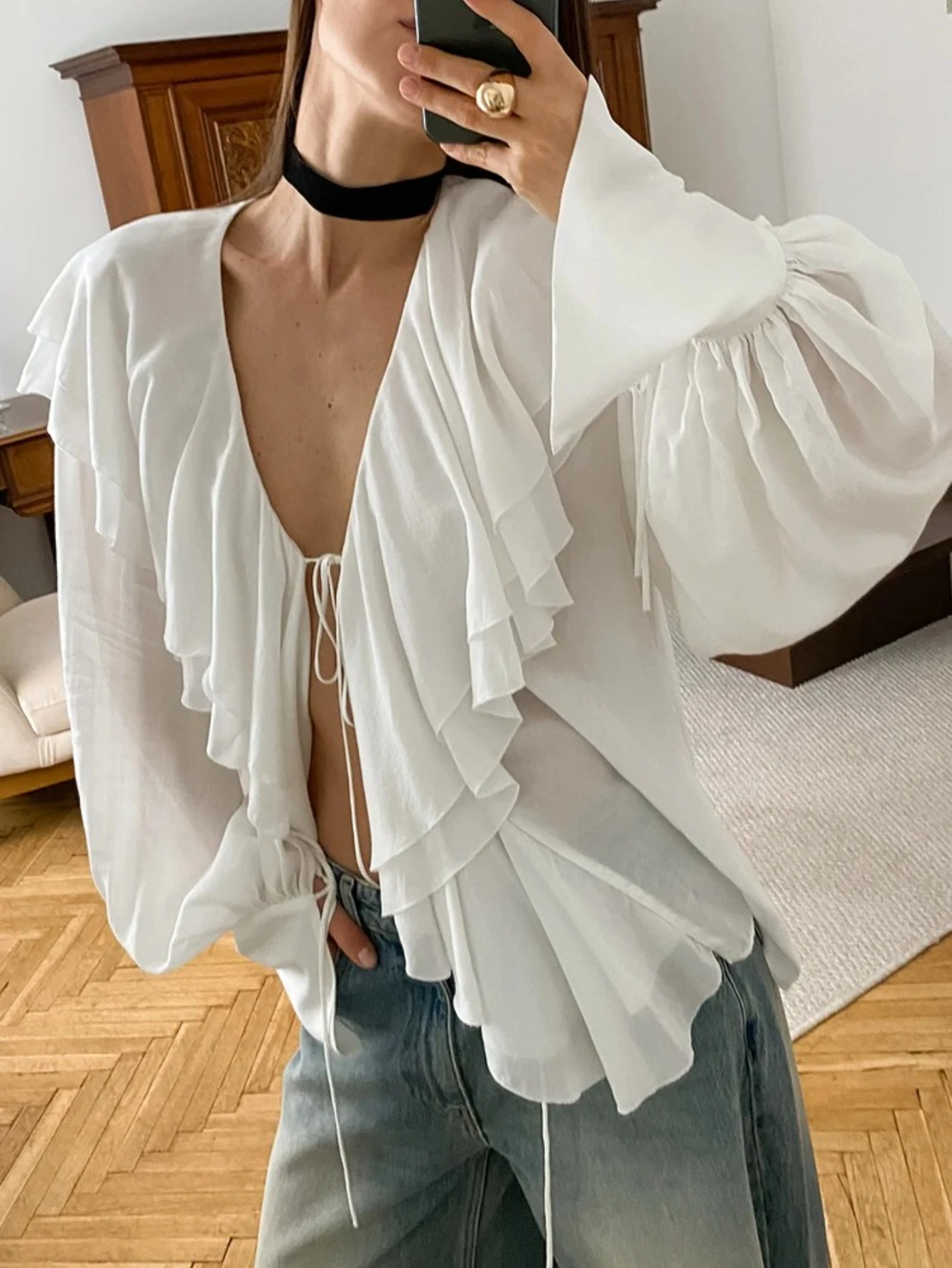 

Женский повседневный топ из полиэстера с рюшами и длинной завязкой на талии, свободный крой