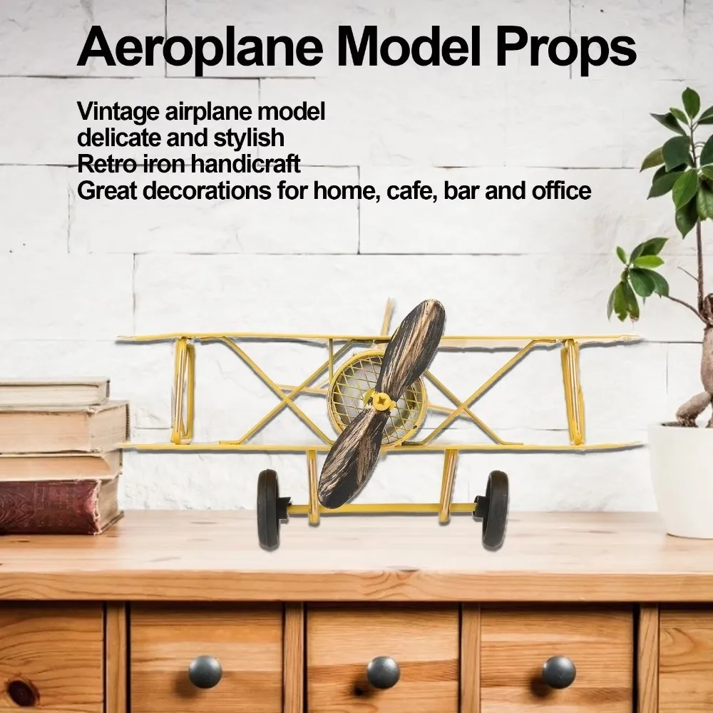 Vintage Airplane Model Ornament Metal Construction Wrought Iron Vintage Biplane Decoration Handicraft Design Iron Aircraft Model