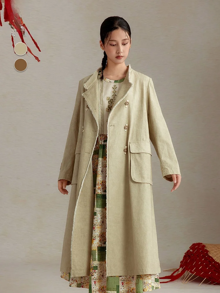 

Long Sve Long Coat Pure Color Double Breasted Stand Collar Frayed Camel ey White Women's Romantic Artistic Sle
