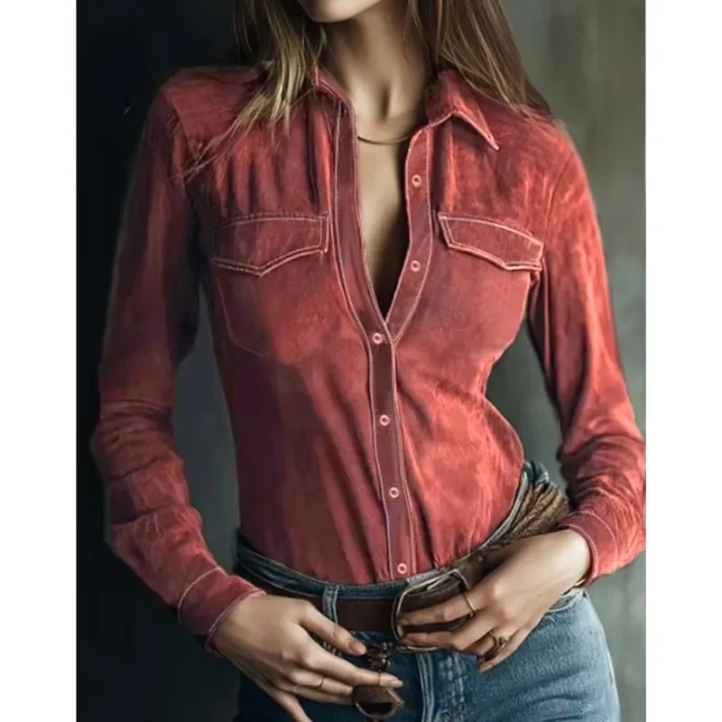 

Elegant Retro Casual Women Blouses Velvet Shirts Solid Color Long Sleeve Flip collar Slim Shirt with Button for Women Clothing
