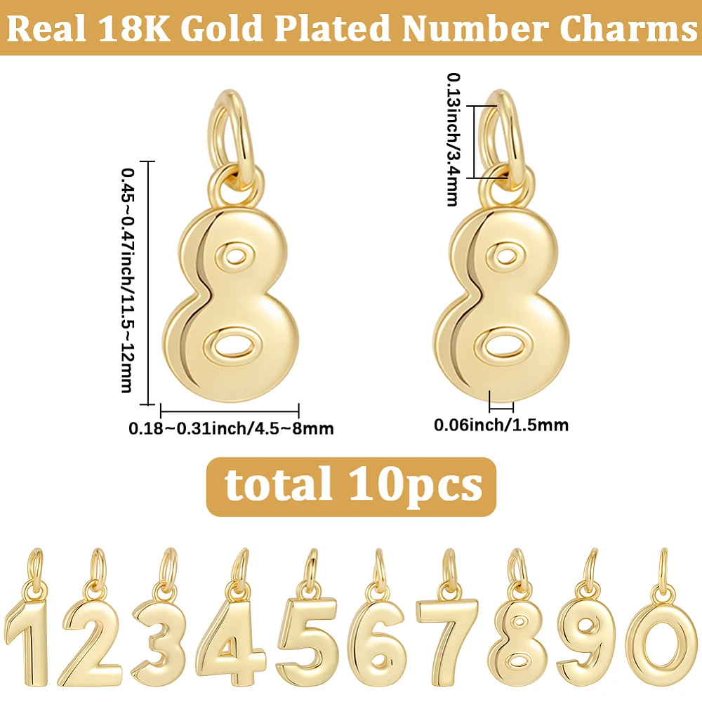 1 Box 10 Styles Number Dangle Charms Real 18K Gold Plated Digital Charm Metal 0-9 Figures Pendants with Jump Rings for Necklace