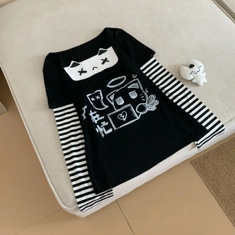 Sweet Cool Girl's Long Sleeve T-Shirt  Graffiti Stripe Splicing Slim Fit Summer Fashion Women's Top Female Upper Apparel