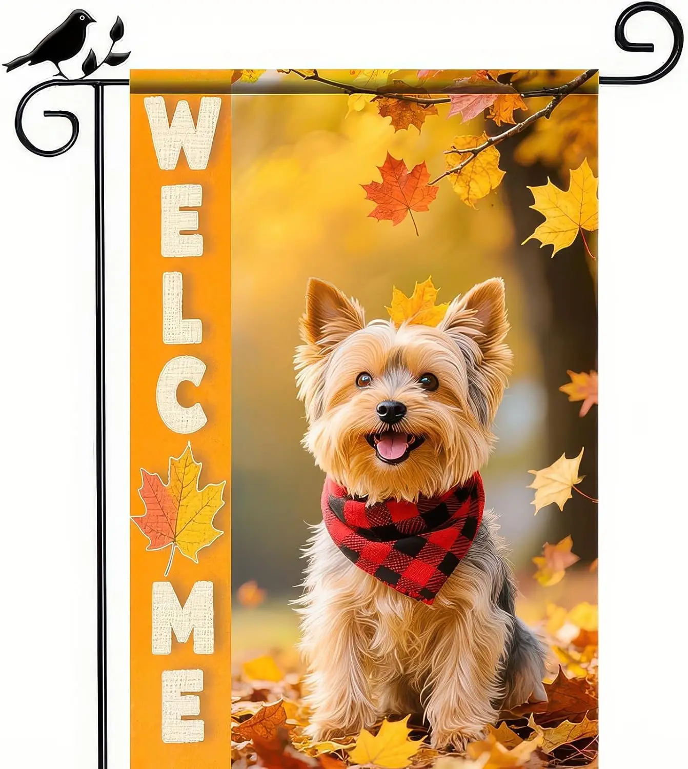 Fall Garden Flag 12x18 Inch Welcome Yorkshire Terrier Yard Banner Autumn Yorkie Dog Outdoor Flag with Maple Leaves Double Si UUN