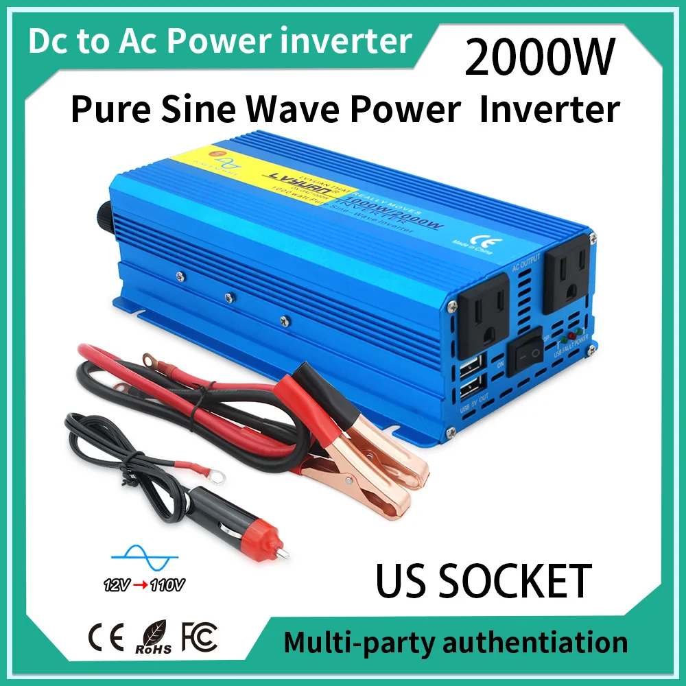 

2000W Peak Pure Sine Wave Inverter US Socket DC 12V/24V to AC 100V 110V 50Hz/60Hz Solar Power Converter Car Cigarette Lighter