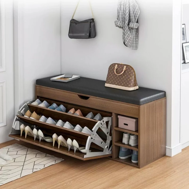 Home Shoe Cabinet with Bench, Anti-Dust Shoe Storage Bench, Multi-Layer Wooden Organizer with   Cushion and Stable Structure