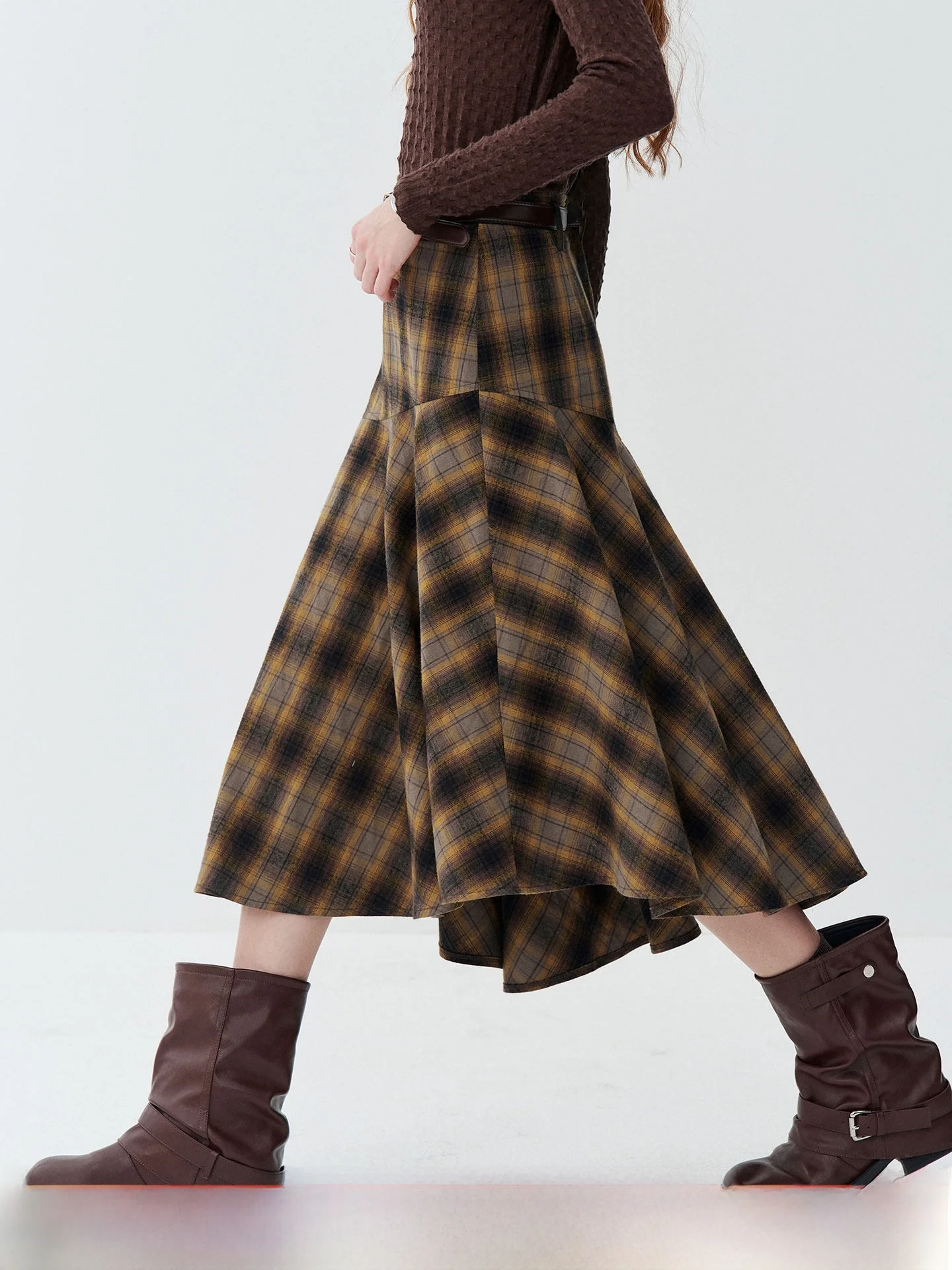 High Waist Asymmetrical Plaid  Skirt Women's Fashion Retro Sexy Slim A-Line Skirt Commute Casual Shopping KUHNMARVIN