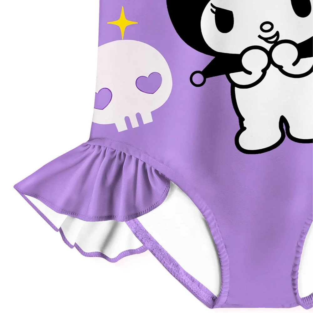 Kuromi Girl's Swimsuit Anime Sanrios Kawaii Cartoon Kids Professional Training Sling Quick-Drying Swimwear Summer Beach Clothes