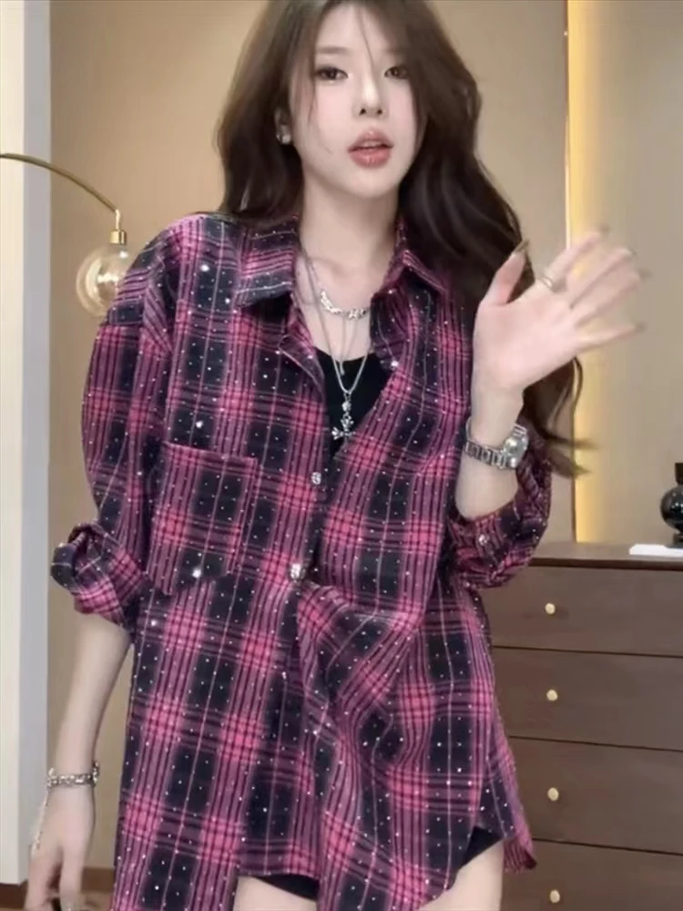 East Gate Rhinestone Casual Faion Women's irt Coat Spring Design Versatile Loose Plaid Open Cardigan Top Korean Sle