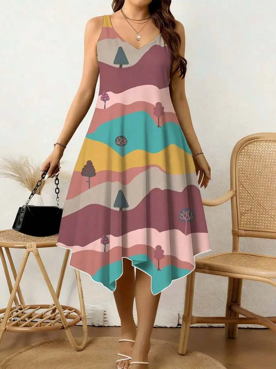 

Women V Neck Irregular Hem Dress With Colorful Landscape Tree Print For Summer Beach Casual Wear