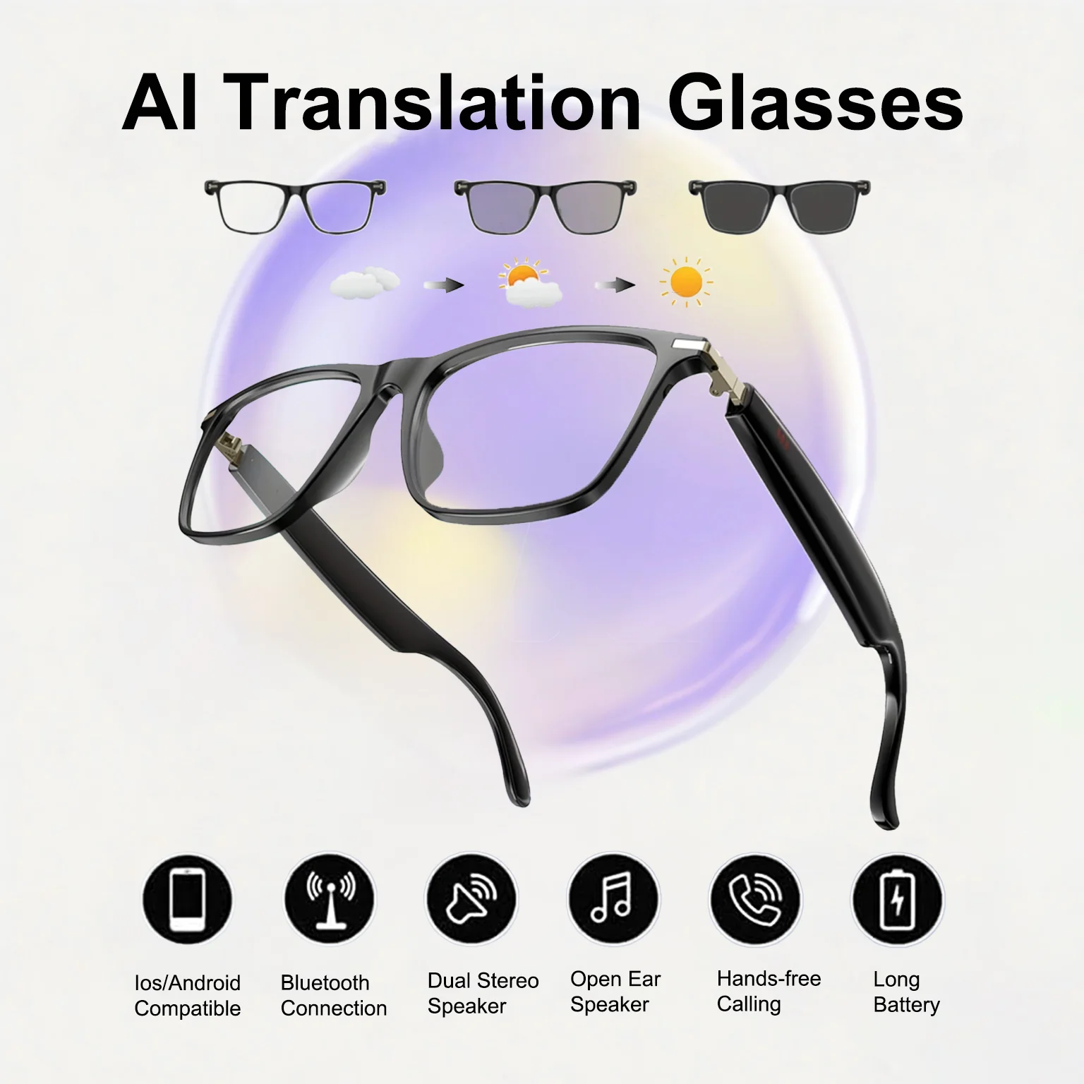 AI Translation Smart Glasses with photochromic lenses, support 160+ languages real-time translation