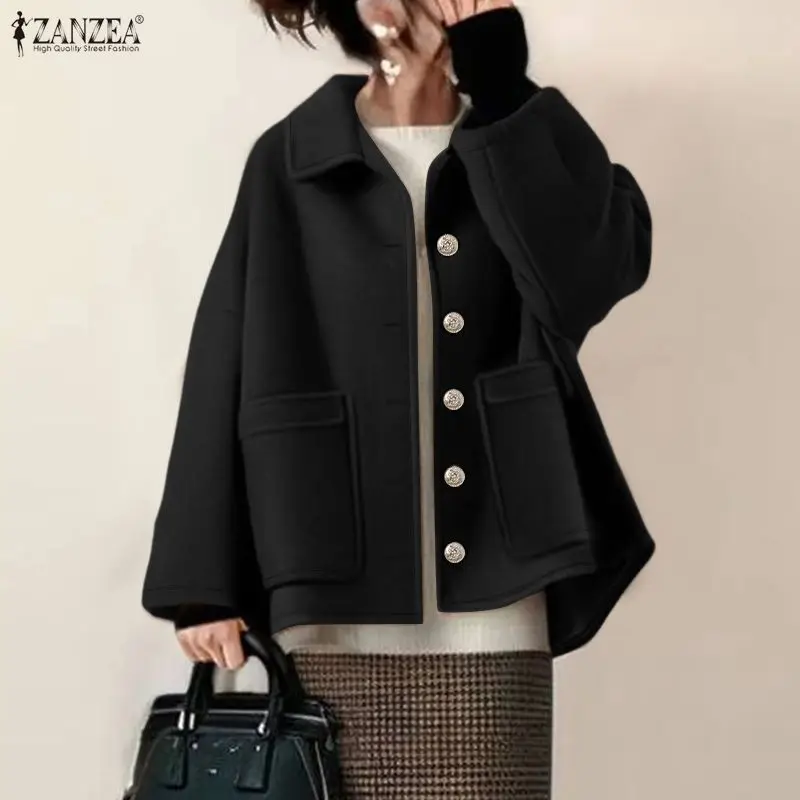 FW Women's Woolen Jackets Casual Cozy Turn-Down Collar Long Sleeve Solid Color Pockets Button Up Coats ZANZEA Woman Outerwear