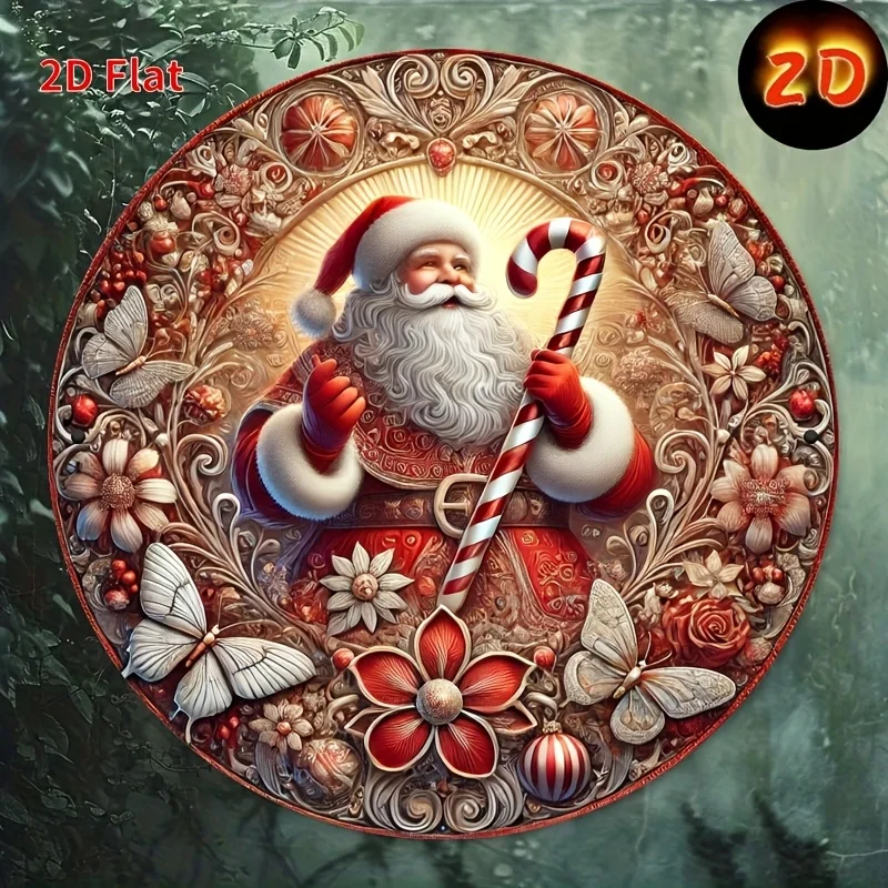 طباعة مسطحة ثنائية الأبعاد، قطعة واحدة، علامة مسطحة من الحديد الدائري ثنائي الأبعاد، سانتا كلوز تحمل علامة حائط حديدية لقصب الحلوى - معدن دائري 8 × 8 بوصة