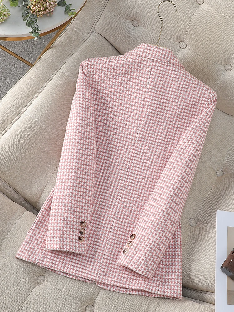 Gray Pink Coffee Plaid Women Blazer Ladies Long Sleeve Female Slim Casual Jacket For Autumn Winter