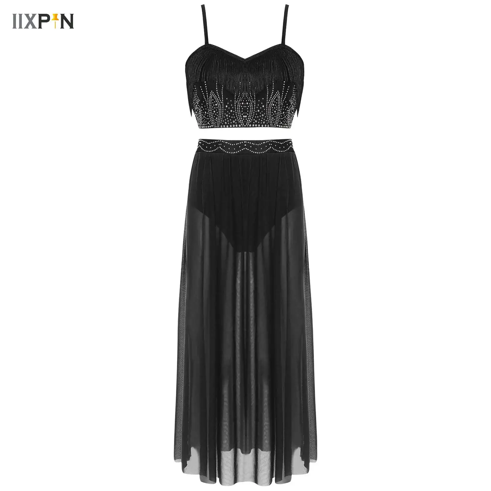 

Lyrical Modern Dance Set Tassel Rhinestone Crop Camisole with Front Slit Dance Skirt 2-piece Outfit for Belly Ballet Dance Stage