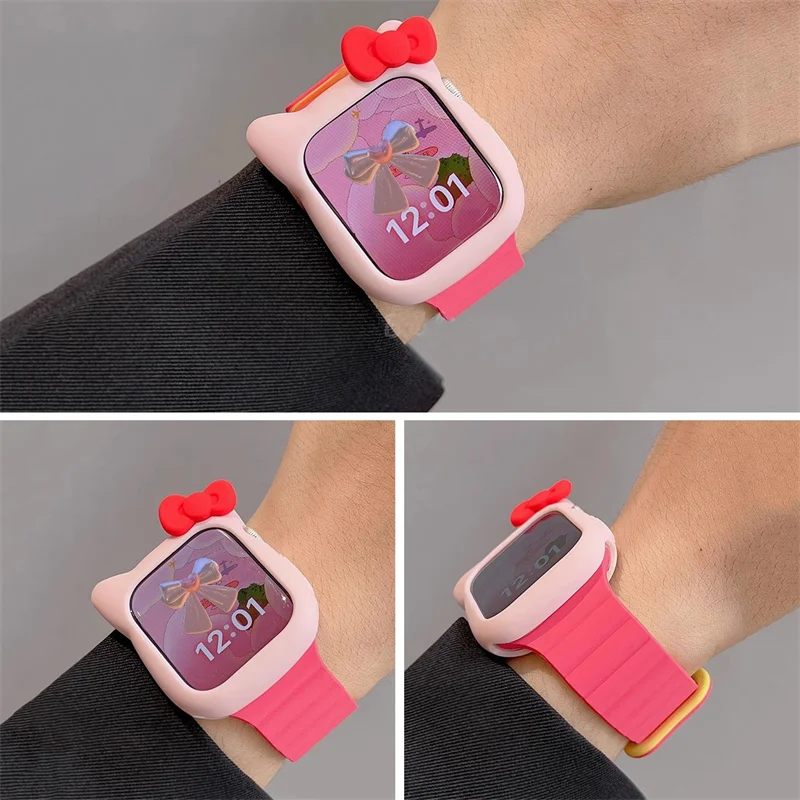 Y2k Cartoon Cute Bow Cat Ears Case + Magnetic Strap For Watch Case 44mm 42mm 38 40 Correa Bumper For Apple Watch Ultra 7 Cover