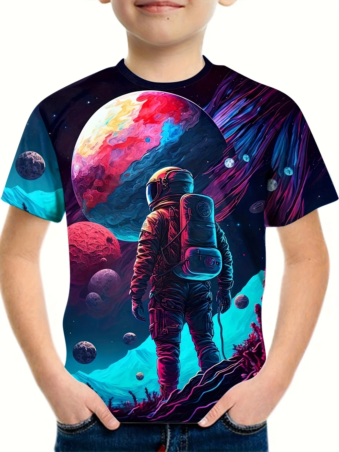 Summer Kids Cartoon T-shirt, Space Astronaut 3D Printed Pattern, Boys and Girls Casual Short sleeved Children's Summer Dress