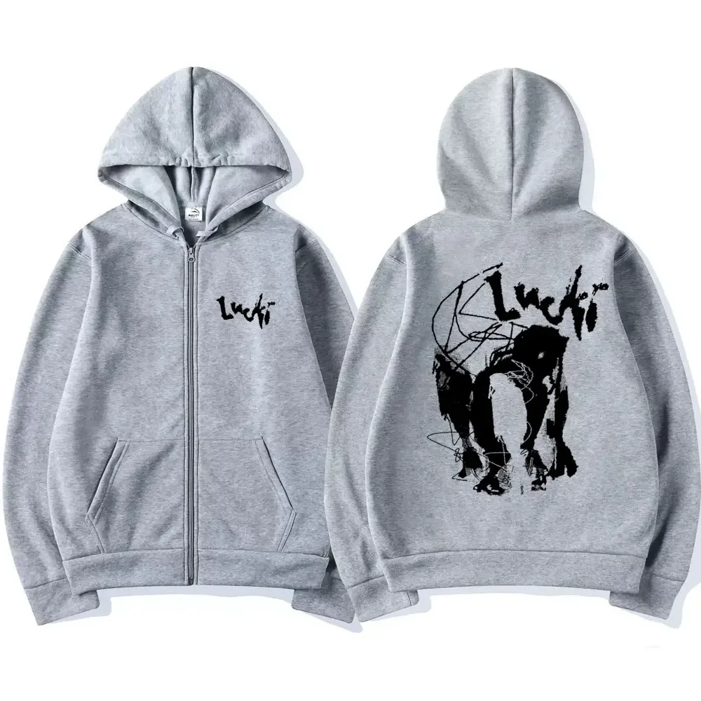 Rapper Lucki Shadow Printed Zipper Hoodie Male Hip Hop Vintage Streetwear Casual Sweatshirt Men Fashion Oversized Zip Up Jacket