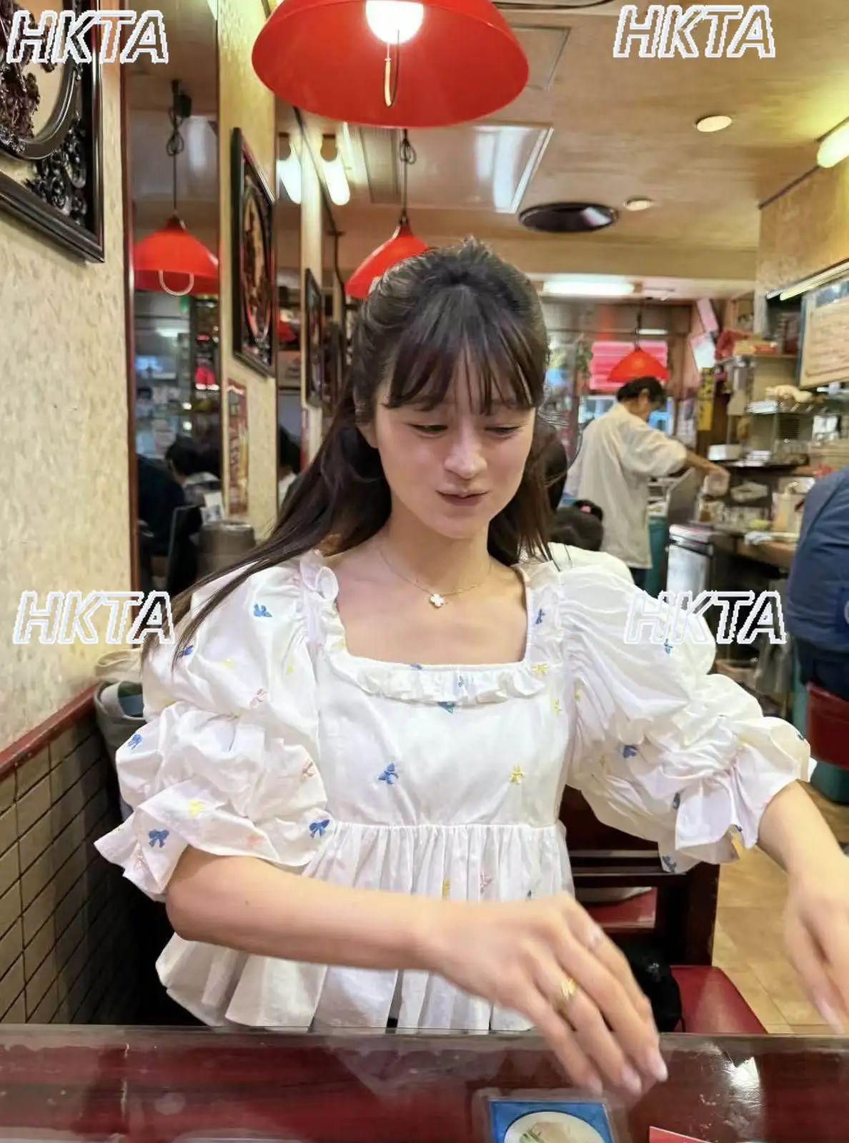 

Japanese French Ruffle Edge Square Neck Embroidered Bubble Sleeved Shirt Sweet Commuting Word Shoulder Blouses Short Tops Women