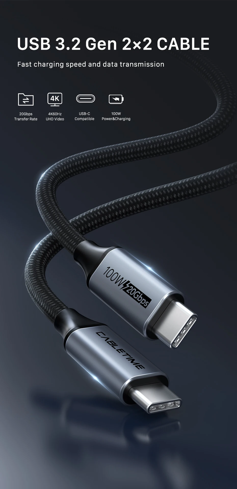 CABLETIME USB-C-Kabel PD100W Schnellladekabel Gen 2 20Gbps 4K 60Hz USB-C 3.2 Kabel für Laptop Macbook Pro Dell iPhone Kabel – Detail 1