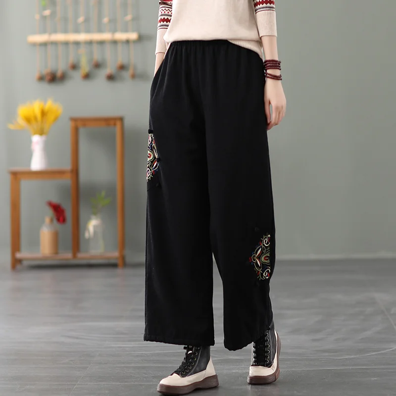 

National Style Cotton Linen Embroidered Long Wide Leg Pants Women Vintage Harajuku Casual Female Straight Trousers Thicken New