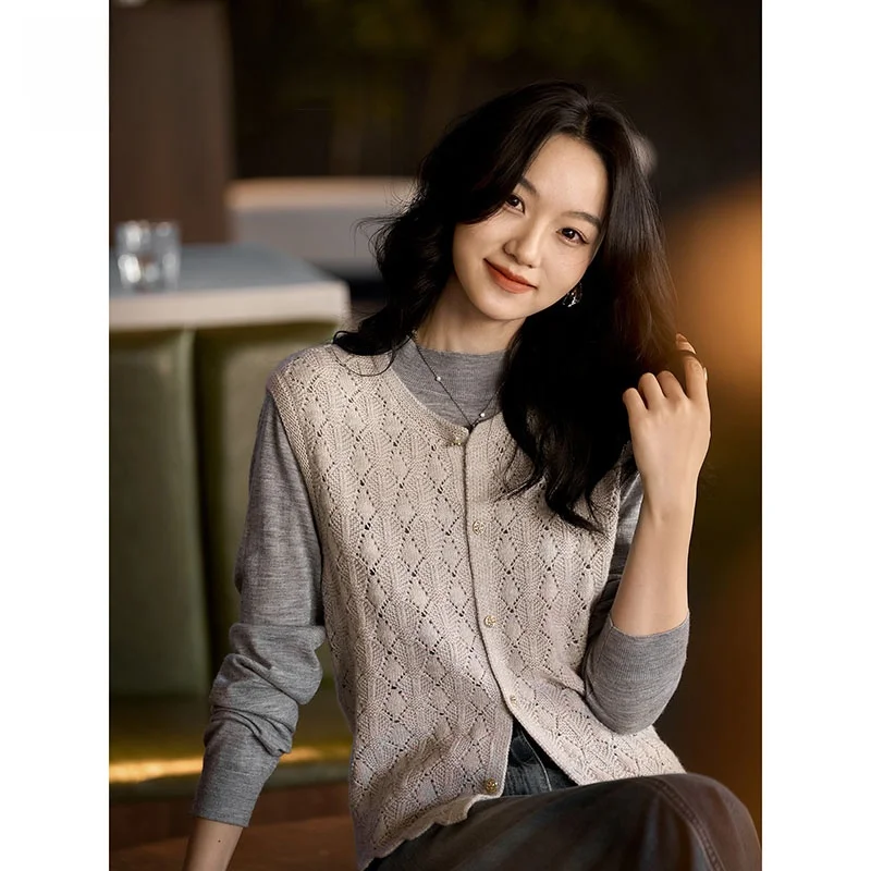 

Новинка Ele Spring: Женский шерстяной жилет JOVKATTI из кашемира с ажурной вязкой, круглым вырезом и открытой спиной