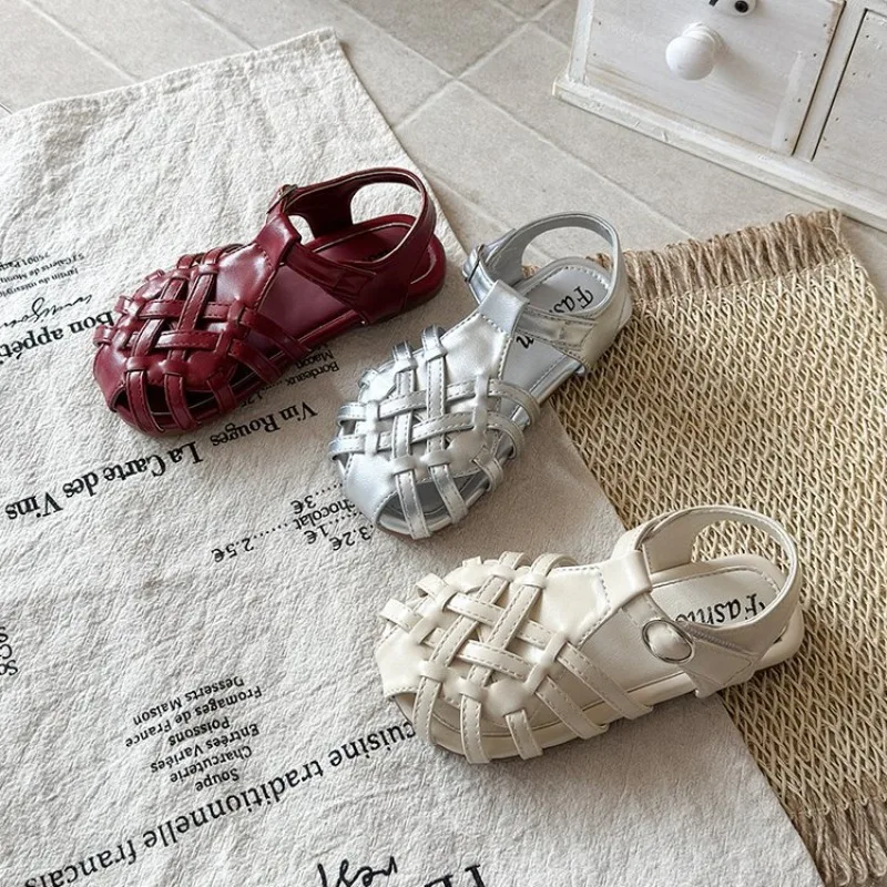 Girls Weave Toes Capped Sandals Children Summer Beach Shoes Soft Sole Non-slip Kids Flats Princess Shoes Hollow Out